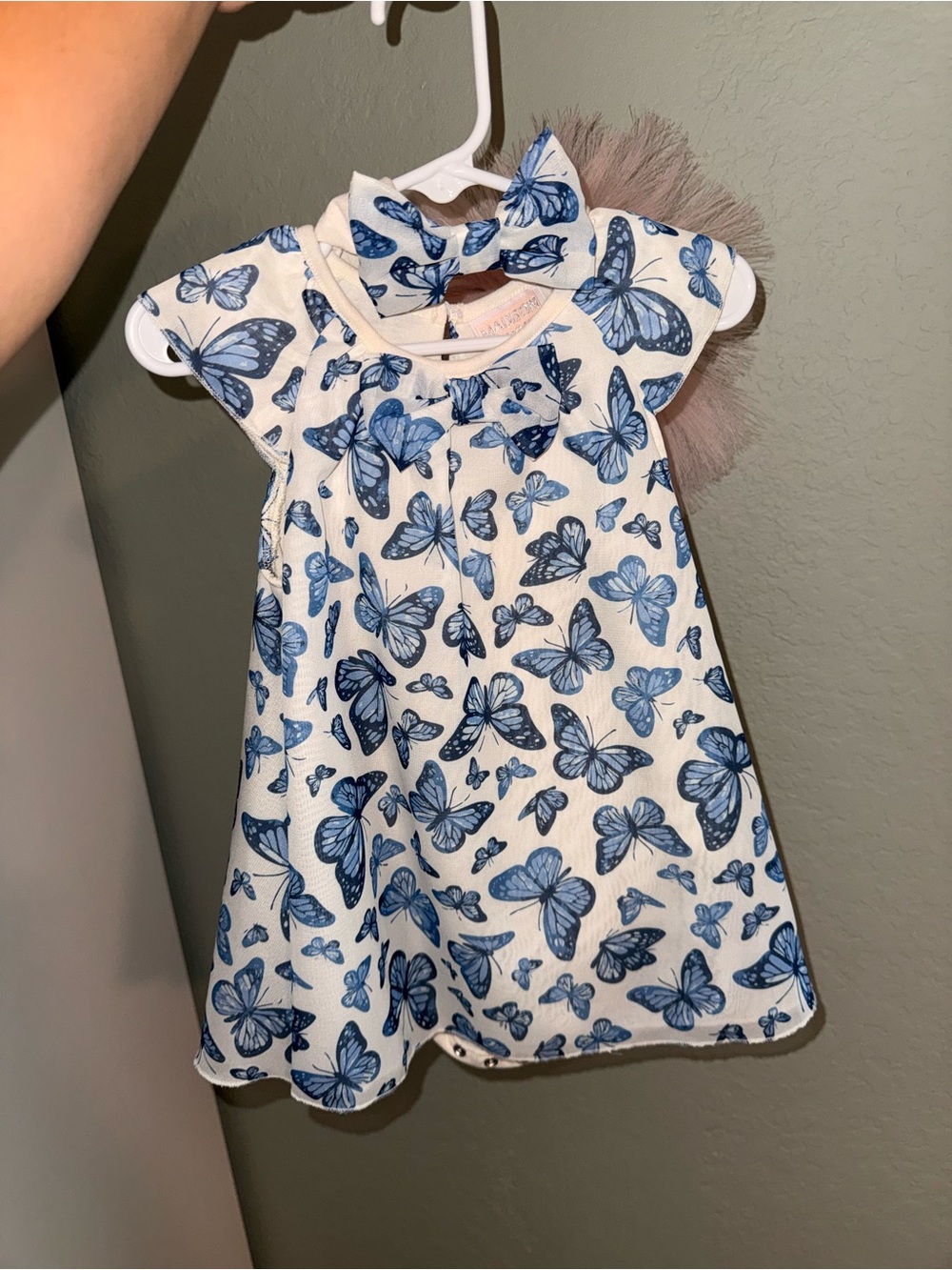 Girls Blue Butterfly Print Dress - White & Blue
